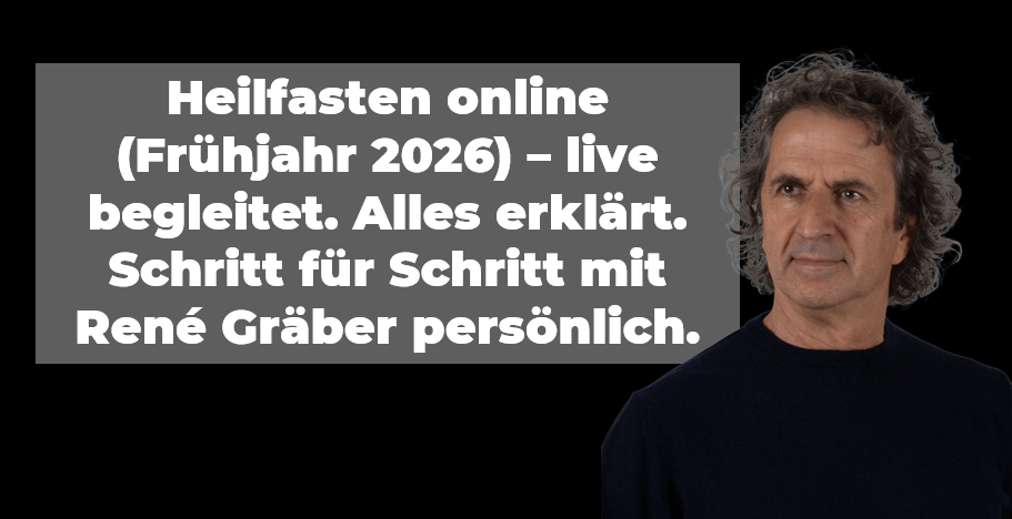 Heilfasten online Frühjahr 2026 live begleitet – Grafik mit René Gräber und Text „Alles erklärt. Schritt für Schritt.“